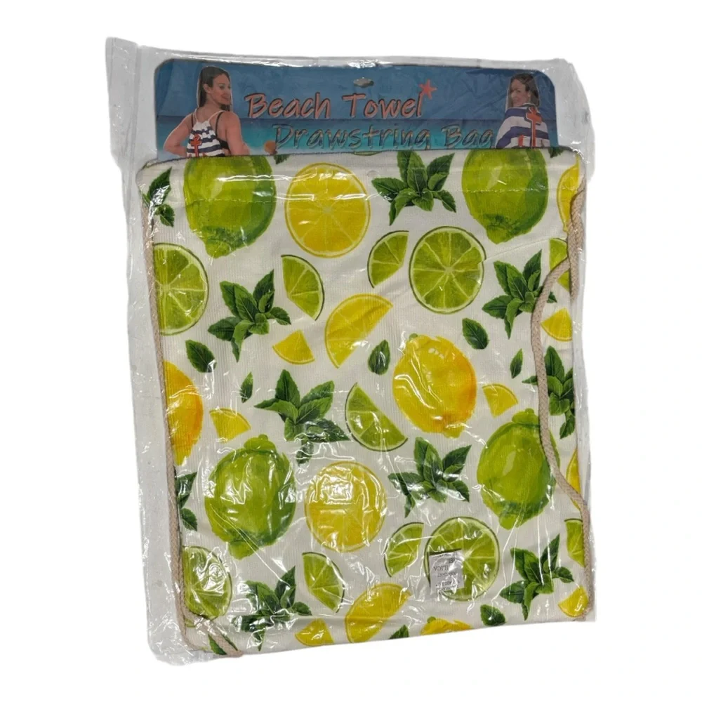 🍋 Citrus Print Beach Towel with Drawstring Bag – NWT